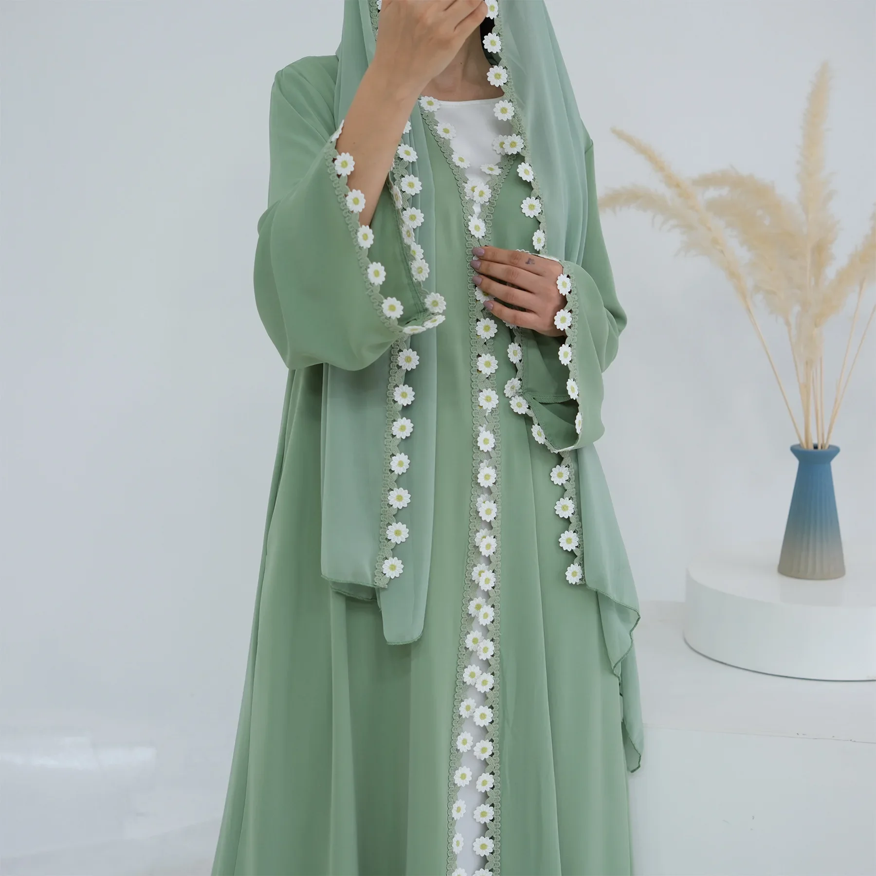 Embroidery Kebaya - Blumen-Dubai-Abayas Türkei Kaftan Damenkleid Muslimisches Festkleid