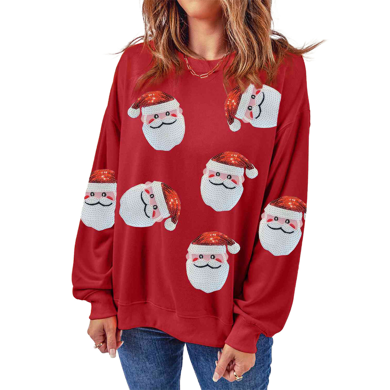 Embroidery Online Design - Weihnachtspullover mit Rundhalsausschnitt, Hoodie mit Weihnachtsmann-Kopf-Design,