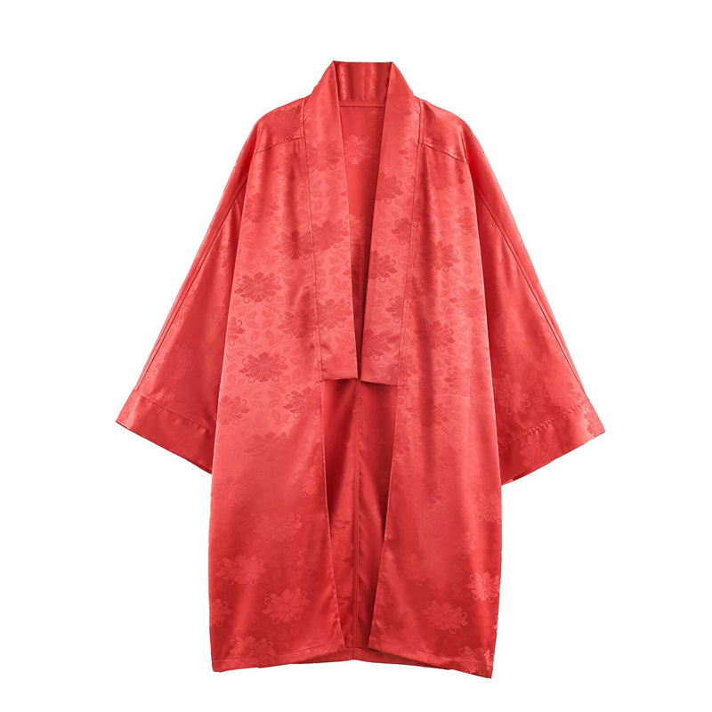 Embroidery A - 2026 Frühling Damen Roter Blumen-Jacquard-Satin-Kimono, Dreiviertelärmel