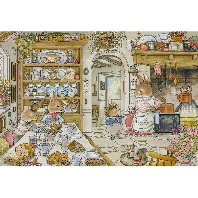 Embroidery Job - Kaninchen Küche Cartoon Tier Muster Kreuz