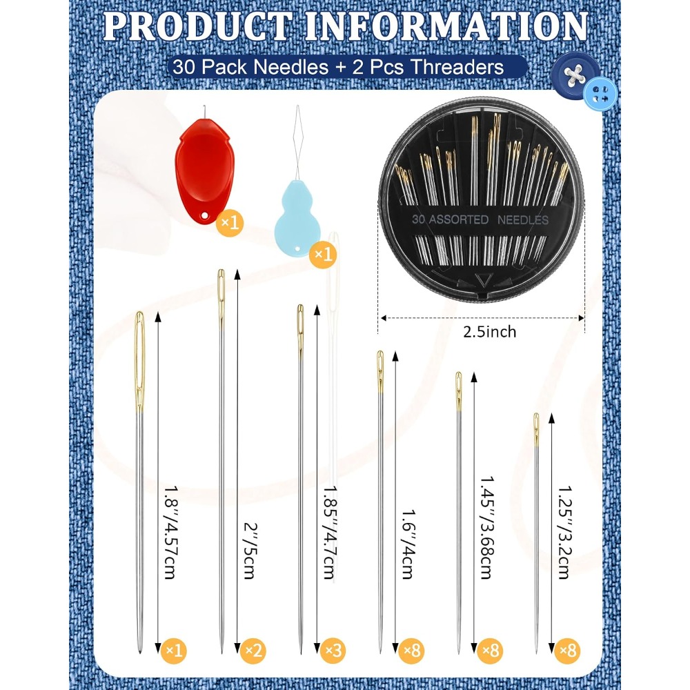 Embroidery Needles - 30-teiliges Stahl-Handnähnadel-Set in 6 Größen mit