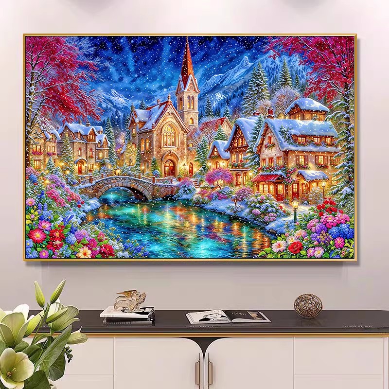 Embroidery Job - 9ct 100x75cm Winter Kirchen-Stickerei DIY Bedruckte